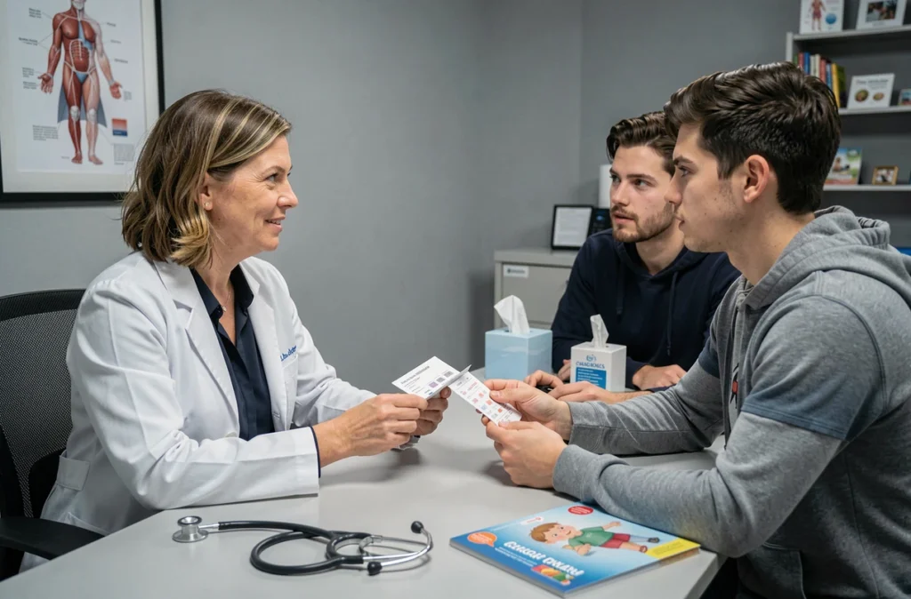 Consultation médicale chez un allergologue pédiatrique avec des parents inquiets tenant les résultats de tests d'allergie alimentaire pour leur jeune enfant