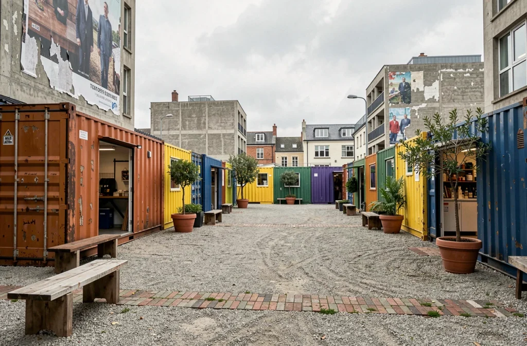 Rangée de conteneurs maritimes reconvertis en commerces éphémères dans un quartier urbain en mutation