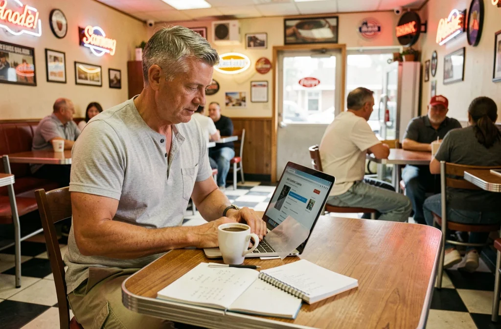 Homme convertissant des miles en kilomètres sur un ordinateur portable dans un diner américain typique avec un carnet de notes manuscrites