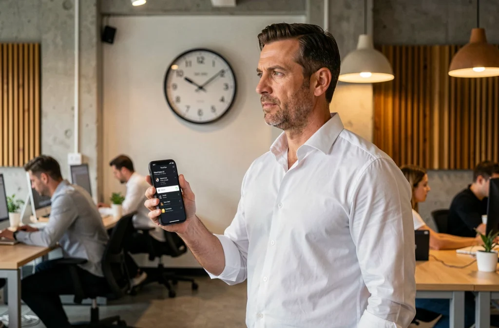 Homme d'affaires consultant une application de fuseaux horaires pour coordonner une réunion avec Washington dans un bureau moderne