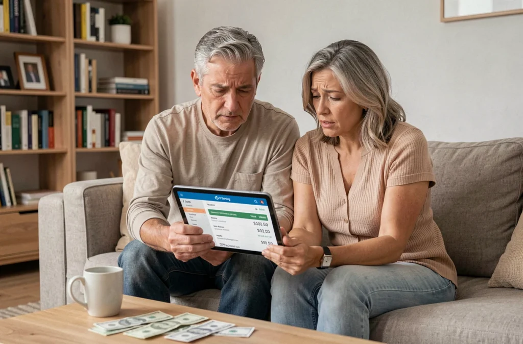 Couple d'une cinquantaine d'années examinant ensemble leur application bancaire sur tablette, inquiets des frais mensuels cachés