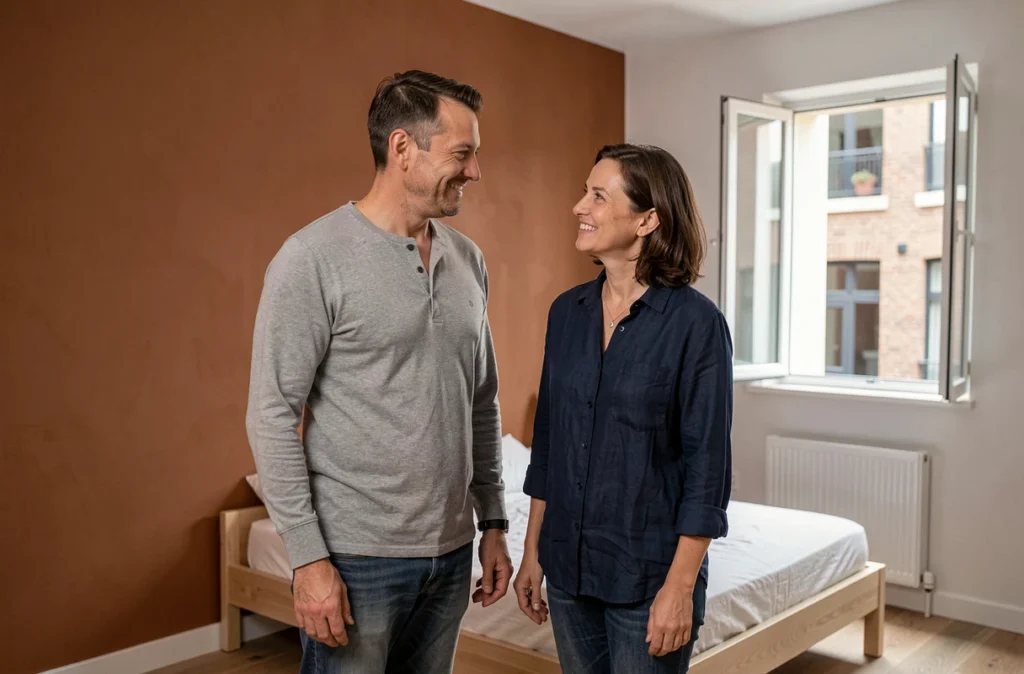 Couple admirant un mur repeint en peinture écologique ocre argile dans une chambre de style scandinave avec parquet en bois clair