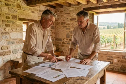 Couple étudiant des documents immobiliers dans une maison de campagne provençale avant l'achat d'une résidence secondaire