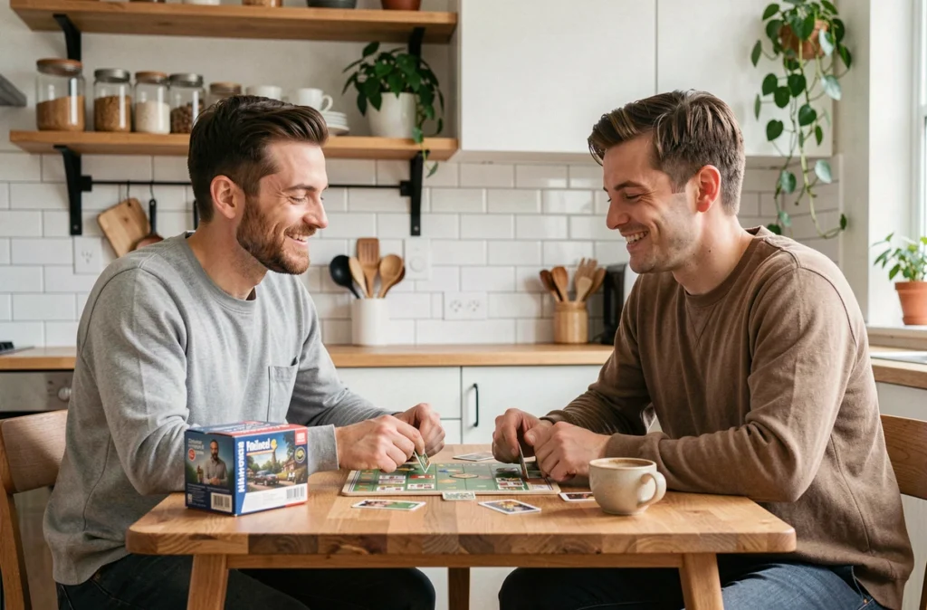 Couple jouant à un jeu de cartes dans une cuisine moderne, ambiance détendue et complice autour d'une table en bois