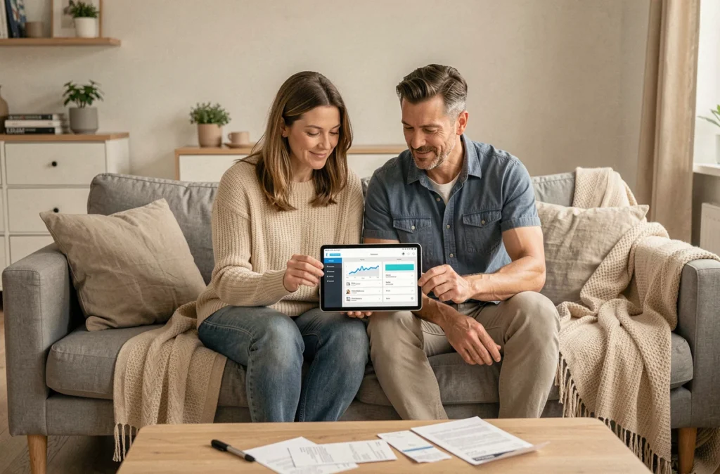 Couple planifiant leur budget familial avec une application mobile sur une tablette dans le salon
