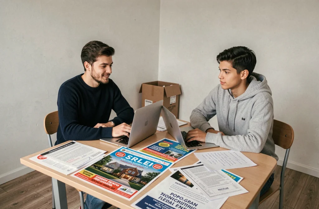 Jeune couple cherchant un appartement à louer autour d'une table couverte d'annonces immobilières dans un appartement vide