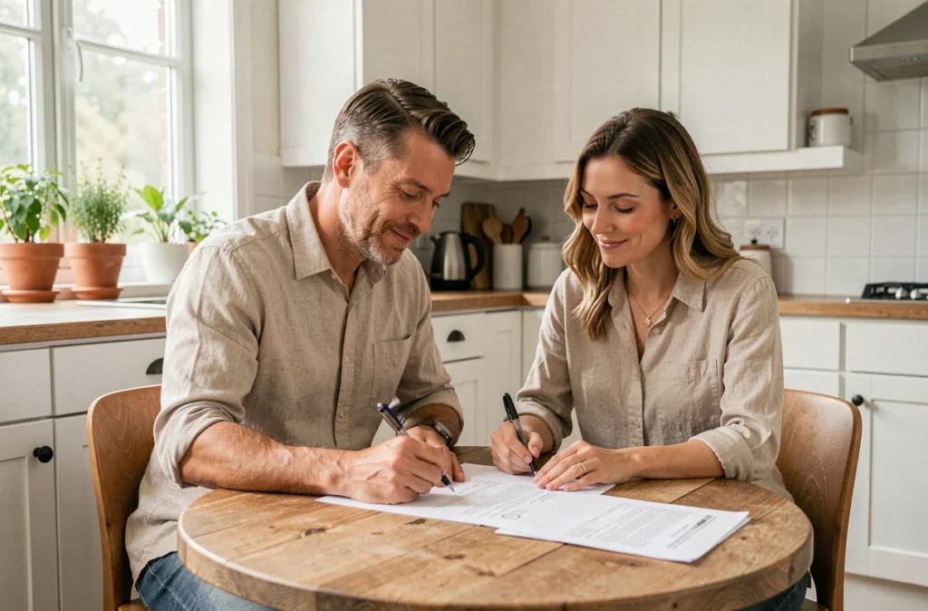 Couple signant des documents d'assurance emprunteur pour leur crédit immobilier à domicile