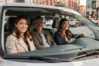 Trois collègues pratiquant le covoiturage urbain dans une voiture compacte, souriant pendant le trajet en ville