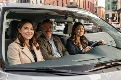 Trois collègues pratiquant le covoiturage urbain dans une voiture compacte, souriant pendant le trajet en ville