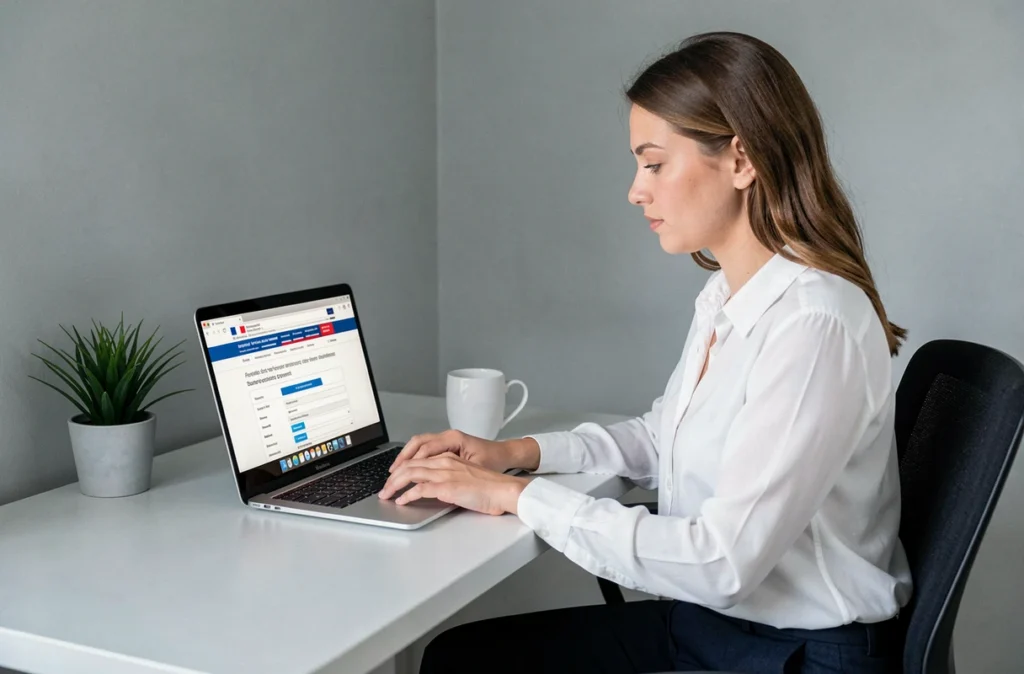 Femme effectuant la demande de duplicata de carte grise en ligne sur un ordinateur portable