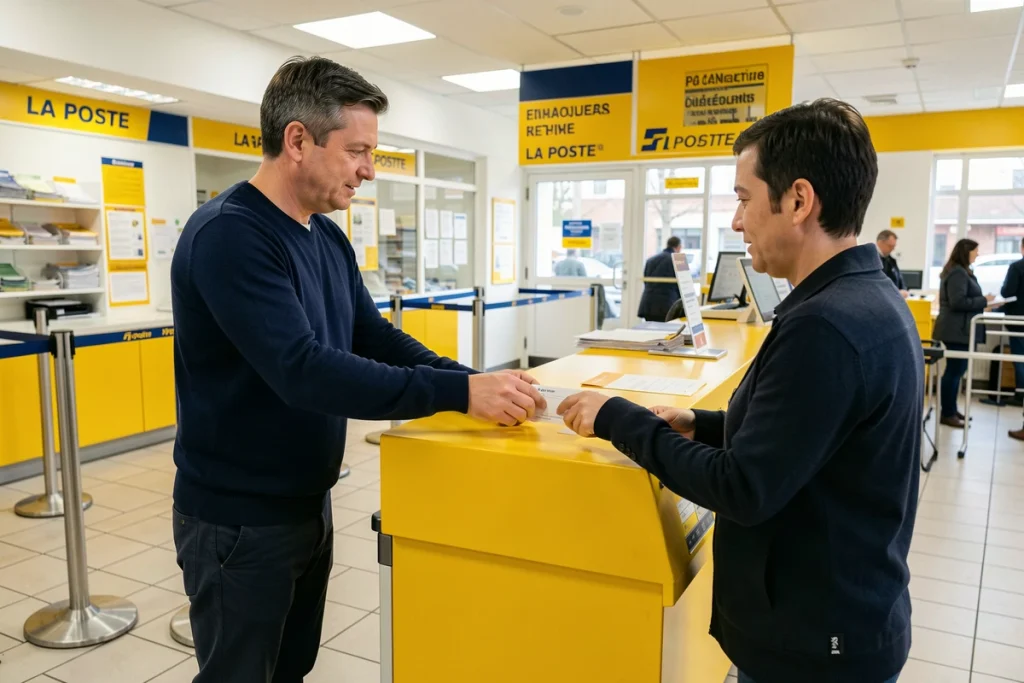 Homme déposant une lettre au guichet d'un bureau de La Poste en France