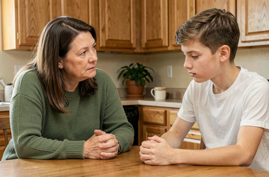 Une mère en conversation attentive avec son fils adolescent à la table de cuisine, symbolisant le dialogue familial autour de la santé mentale des jeunes