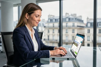 Professionnelle en télétravail participant à une enchère immobilière digitale sur ordinateur portable dans un bureau moderne avec vue sur Paris