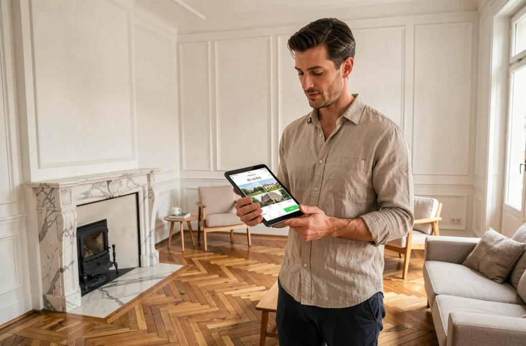 Homme consultant une plateforme d'enchères immobilières en ligne sur tablette dans un appartement parisien haussmannien rénové