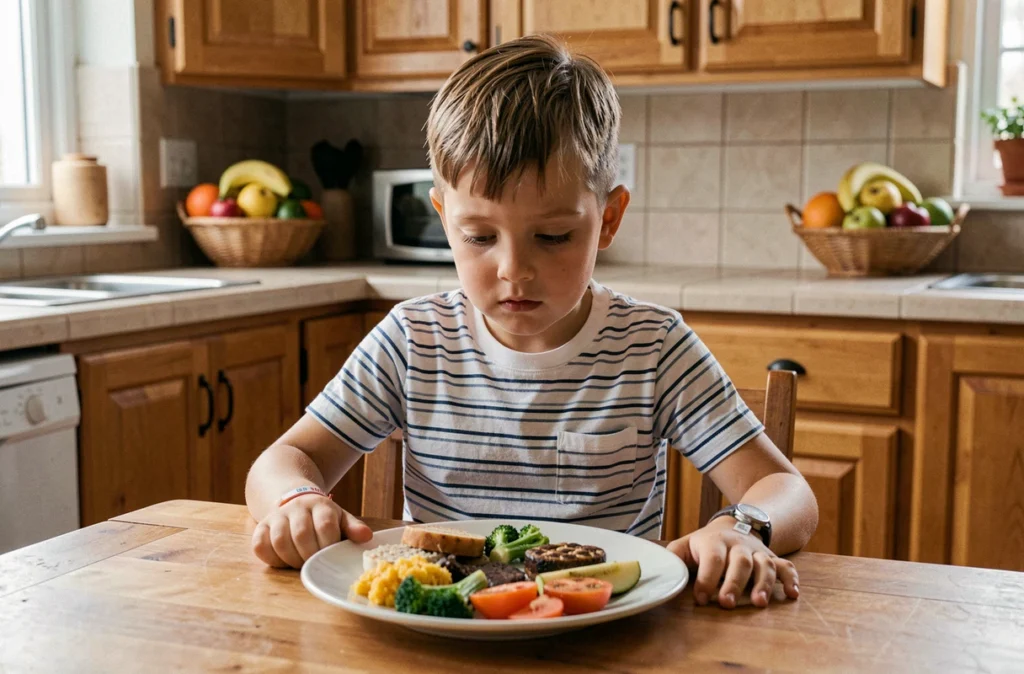 Jeune enfant portant un bracelet d'alerte médicale assis à une table de cuisine familiale et regardant prudemment une assiette d'aliments, évoquant la gestion quotidienne des allergies alimentaires