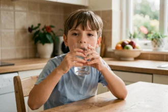 Jeune garçon buvant un verre d'eau à la table de cuisine pour rester hydraté