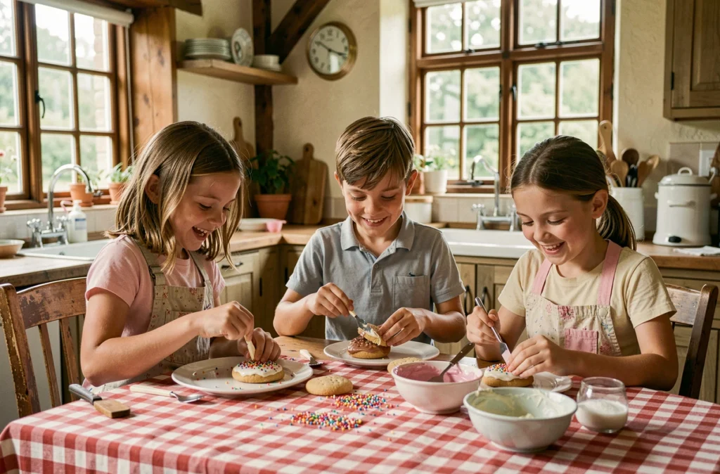 Trois enfants en train de décorer des biscuits faits maison autour d'une table de cuisine rustique, concentrés et souriants, moment de complicité en famille