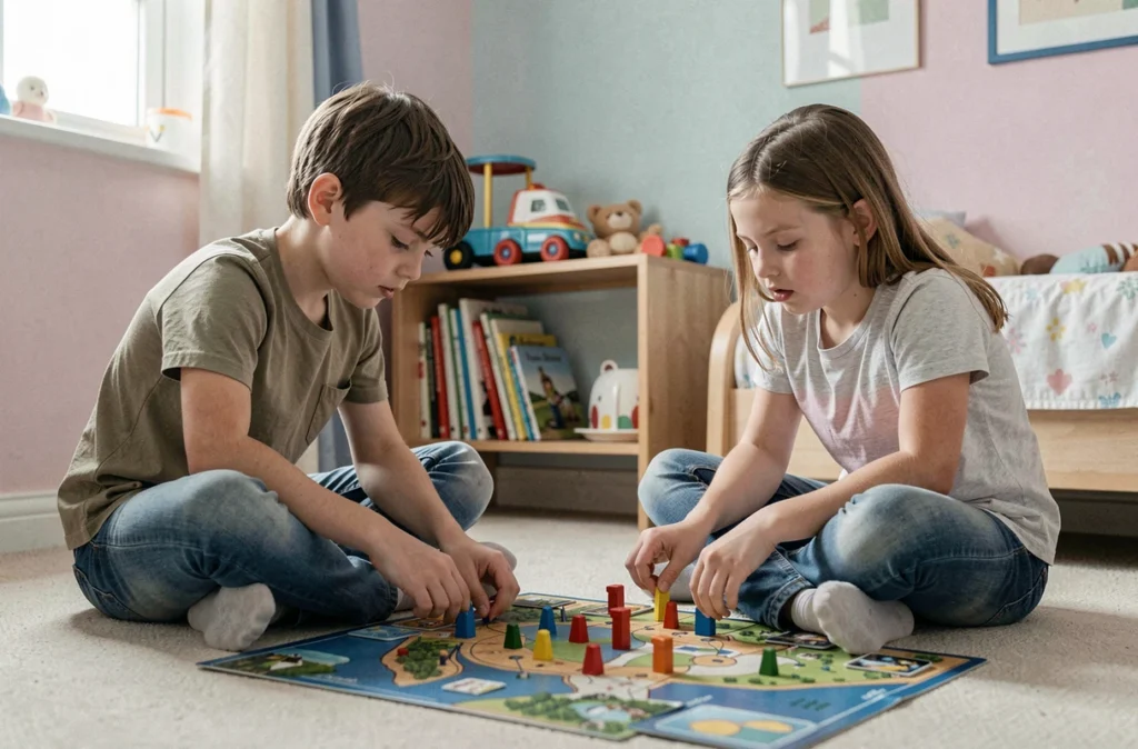 Deux enfants concentrés sur un jeu de stratégie coloré posé sur le sol d'une chambre, ambiance authentique et ludique