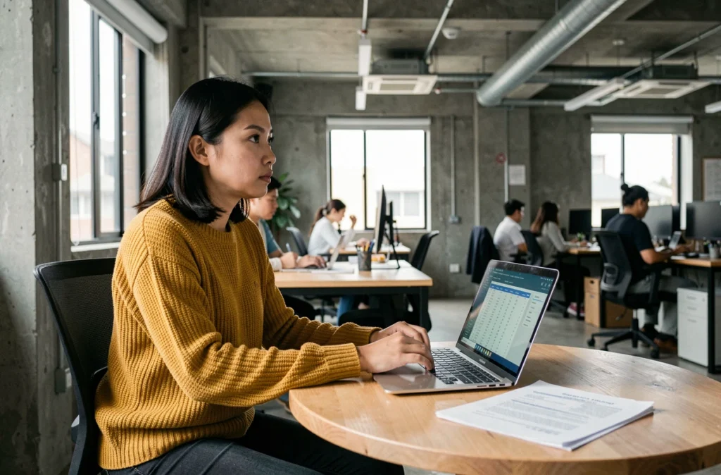Une jeune entrepreneuse consulte son dossier de microcrédit sur ordinateur dans un espace de coworking
