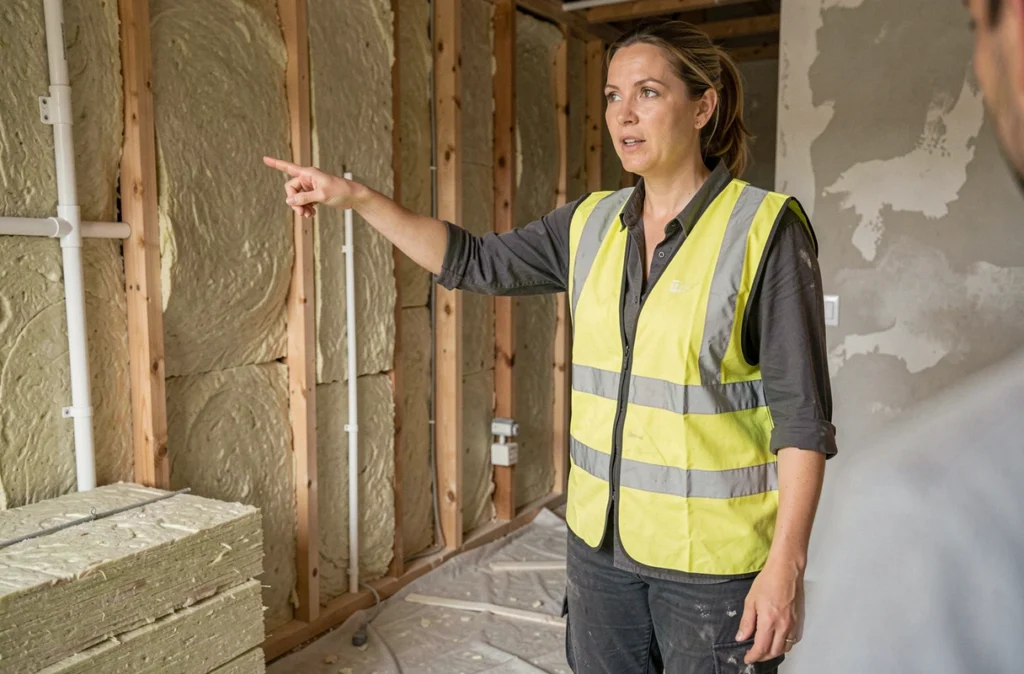Entrepreneuse en bâtiment supervisant l'isolation thermique lors d'une rénovation énergétique