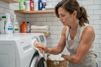 Femme entretenant le joint de porte d'un lave-linge pour prolonger sa durée de vie