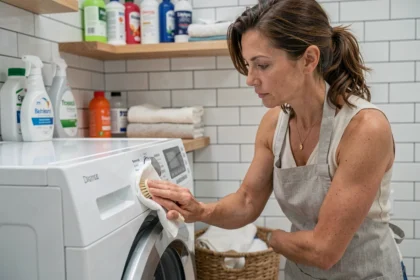 Femme entretenant le joint de porte d'un lave-linge pour prolonger sa durée de vie