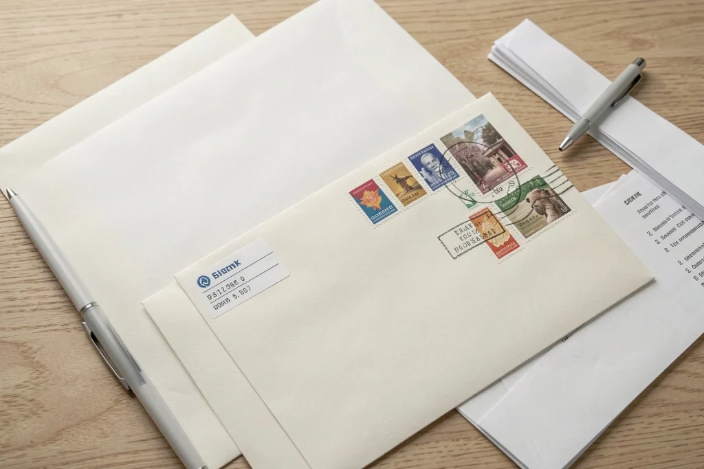 Vue de dessus d'enveloppes affranchies avec timbres et étiquettes d'affranchissement sur une table en bois