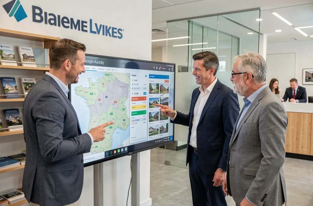 Équipe d'agents immobiliers analysant ensemble une plateforme d'enchères immobilières digitales sur grand écran tactile dans une agence moderne
