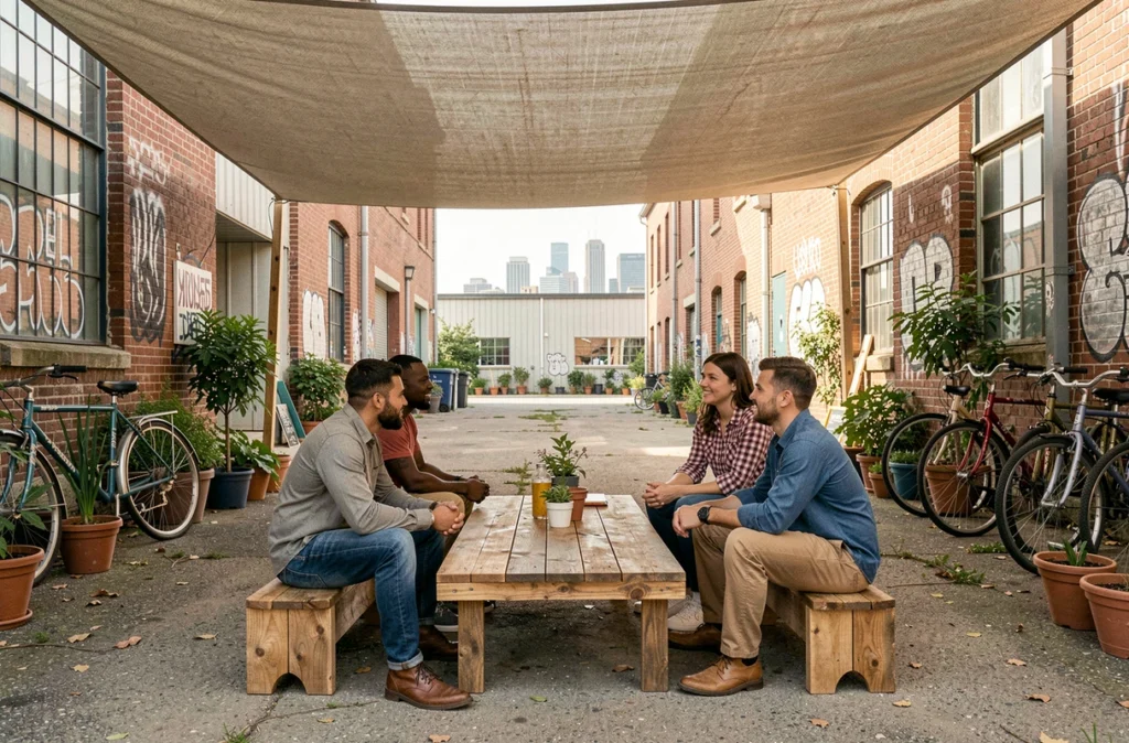 Groupe de citoyens réunis dans un espace communautaire temporaire installé sur un terrain vacant urbain