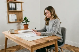 Femme concentrée à son bureau de télétravail bien organisé avec rangements et plante verte dans un intérieur minimaliste