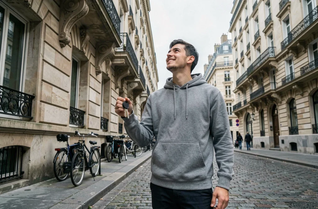 Étudiant tenant des clés d'appartement devant un immeuble haussmannien dans une rue parisienne dans le cadre d'un bail mobilité