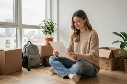 Jeune étudiante en train de signer un bail mobilité assise sur le sol de son nouvel appartement vide entouré de cartons