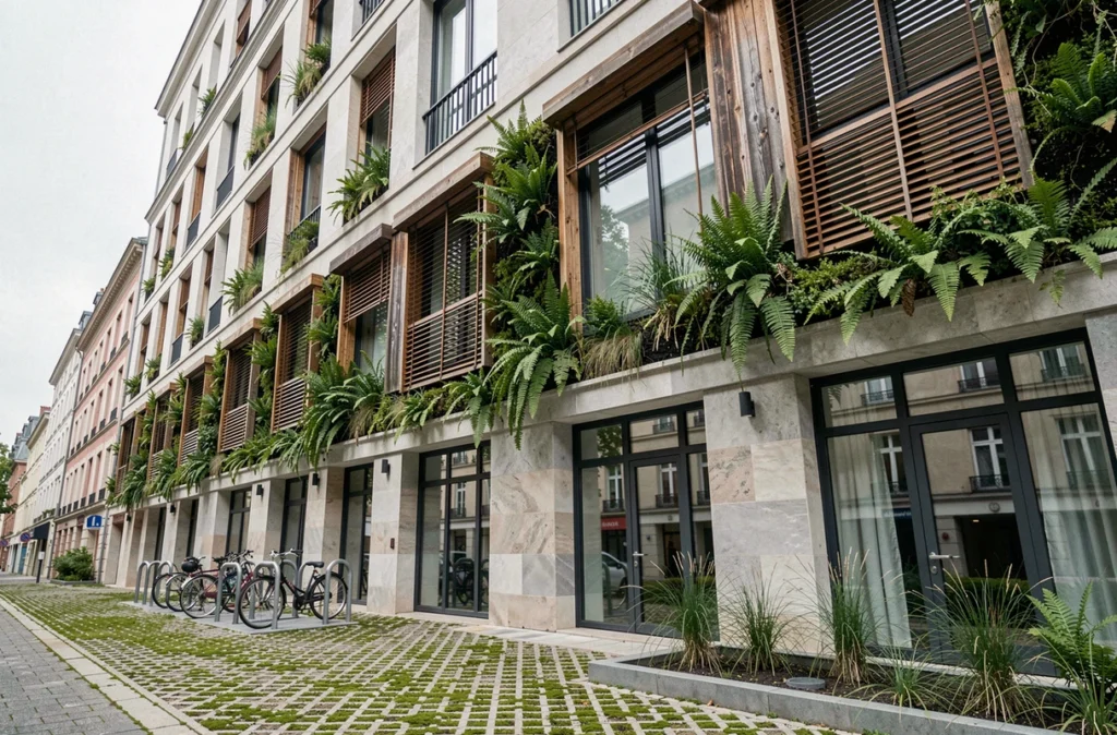 Façade végétalisée d'un immeuble en copropriété écoresponsable à Bordeaux avec mur végétal et matériaux durables