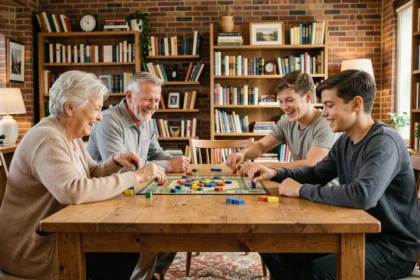 Famille multigénérationnelle réunie autour d'un jeu de société en bois dans un salon chaleureux, grand-mère et parents riant avec des adolescents