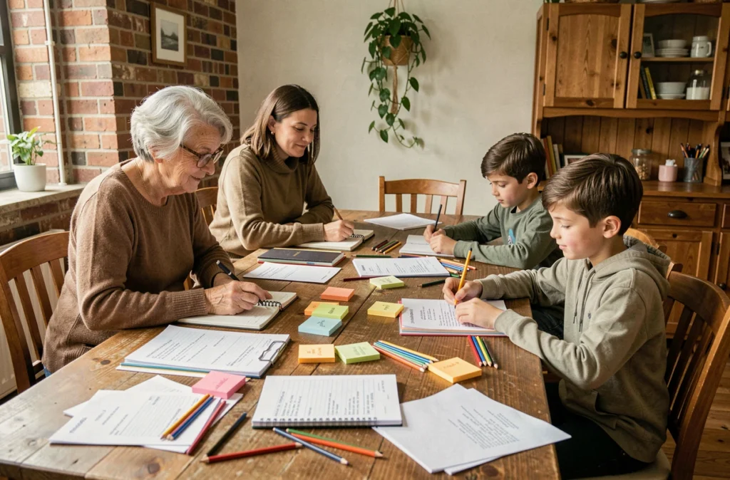 Scène familiale multigénérationnelle autour de la table pour organiser la rentrée scolaire ensemble