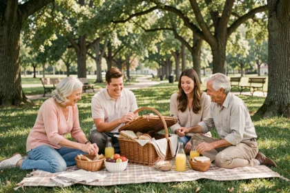 Famille multigénérationnelle profitant d'un pique-nique sur une couverture à carreaux dans un parc verdoyant avec panier en osier et nourriture fraîche
