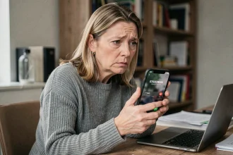 Femme inquiète tenant un smartphone affichant un appel entrant du numéro 0760578066, illustrant les risques pour les données personnelles