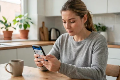 Femme utilisant une application mobile de gestion de budget sur son smartphone à la table de cuisine