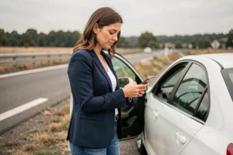 Femme utilisant une application mobile pour gérer une panne sur le bord de l'autoroute