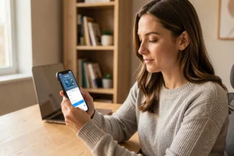 Femme utilisant une carte bancaire virtuelle sur smartphone pour un achat en ligne depuis son bureau à domicile