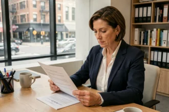 Femme consultante en assurance emprunteur examinant un contrat de crédit immobilier dans un bureau professionnel moderne