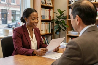 Une femme entrepreneur discute de son dossier de microcrédit avec un conseiller financier dans un bureau de proximité