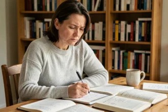 Femme concentrée qui étudie la conjugaison française avec des livres de grammaire et des notes manuscrites sur un bureau en bois