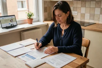 Femme remplissant des formulaires administratifs de changement d'adresse à La Poste sur une table en bois dans une cuisine moderne