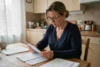 Femme française dans la quarantaine révisant ses relevés bancaires et documents d'épargne à une table de cuisine en bois dans un appartement parisien