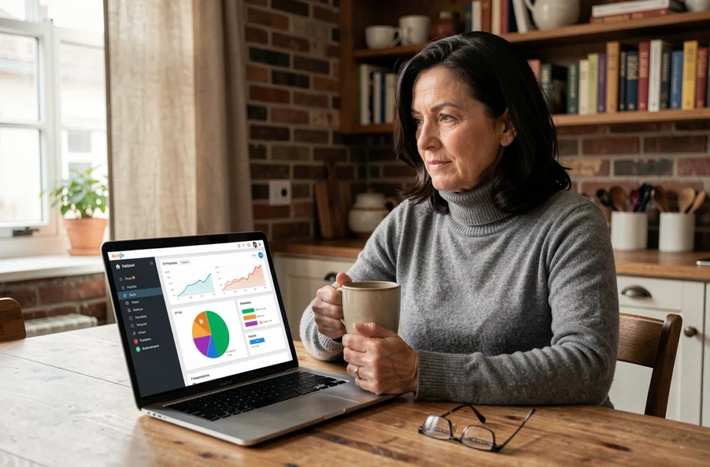 Une femme consulte un tableau de bord d'investissement incluant des cryptomonnaies et des obligations sur son ordinateur portable depuis son domicile, symbolisant la gestion personnelle d'un portefeuille diversifié.