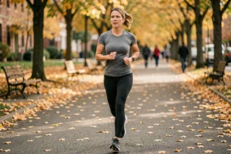 Femme d'âge moyen faisant du jogging dans un parc en automne pour prévenir le diabète de type 2 grâce à l'activité physique régulière