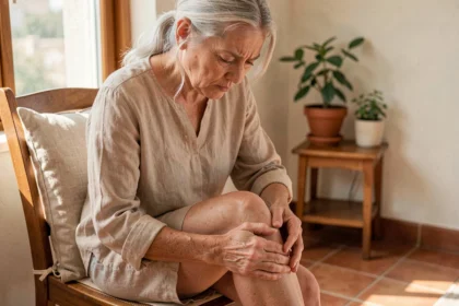 Femme mature massant son genou pour soulager une douleur articulaire naturellement à domicile