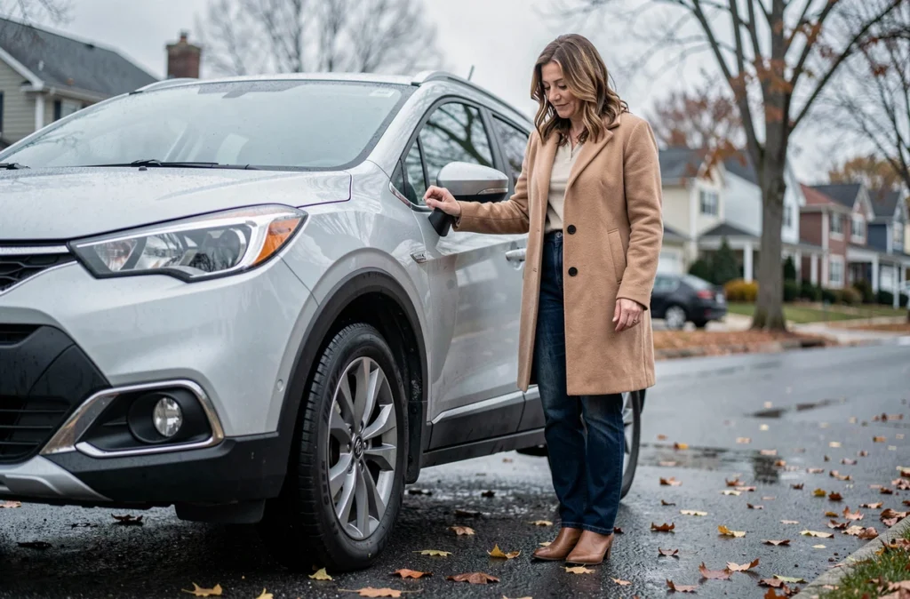 Femme examinant le pneu quatre saisons de son crossover sur une route mouillée en automne