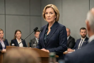 Femme politique française en conférence de presse, portrait éditorial médiatique sous pression médiatique